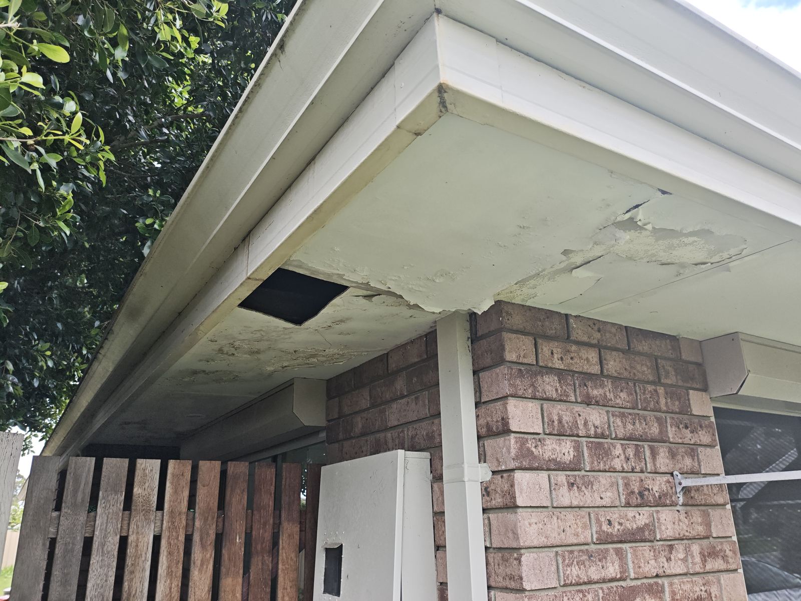 Water-damaged eave lining showing paint and substrate failure