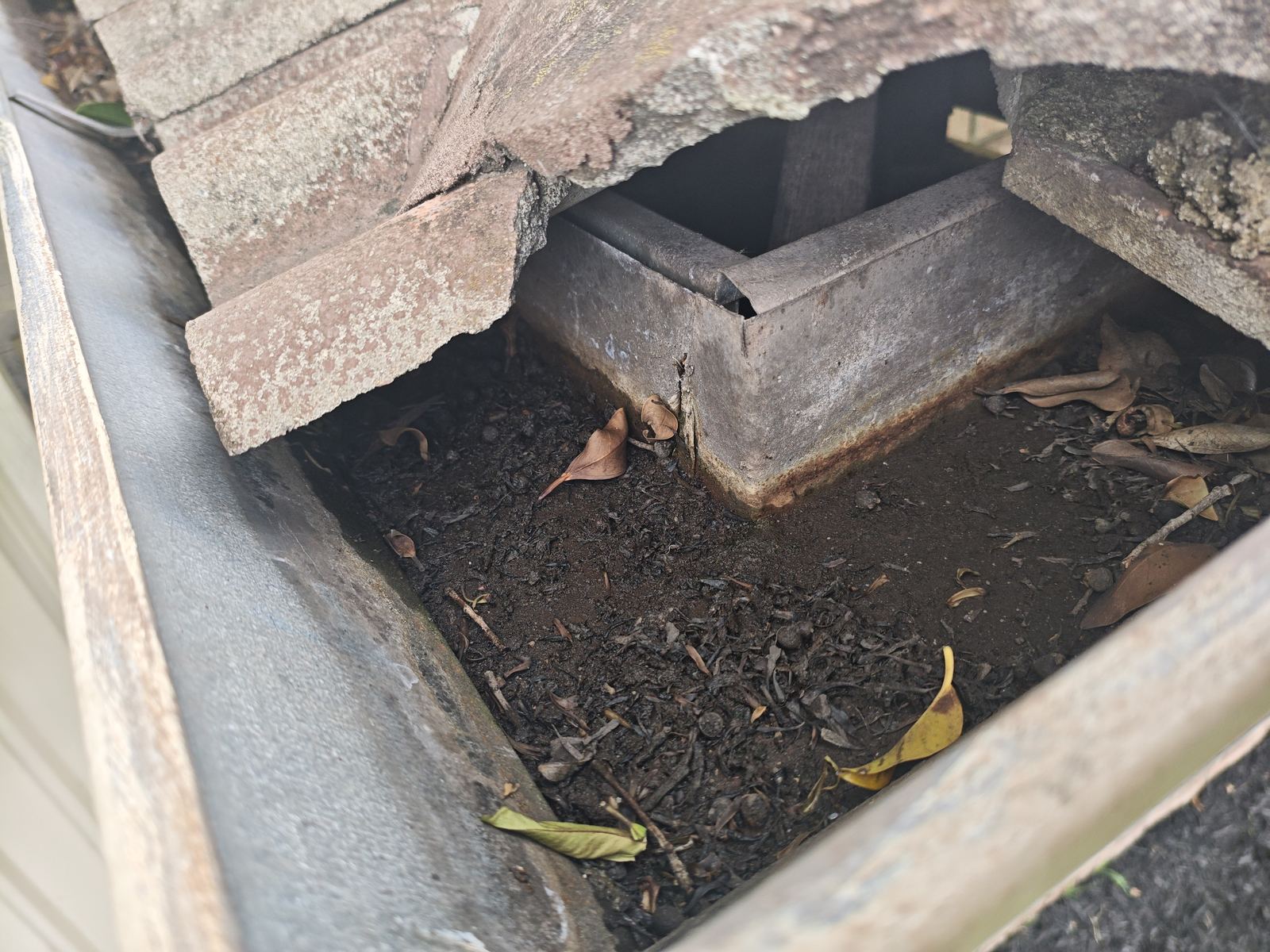 Blocked gutter full of leaf debris found during roof inspection